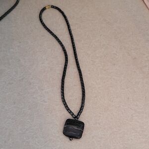 Black Beaded Necklace with Square Pendant